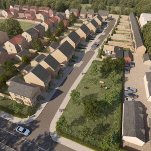 Drone image of row of houses that are part of Deep Equity. The houses are beige colored and the roofs are of a grey color.