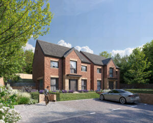 Image of a house development with brick finishing on the outside and a greyish black roof. In the driveway, on the right side of the image a silver car is parked. There is a man who walking his dog to the left side of the image. The house is surrounded by trees.